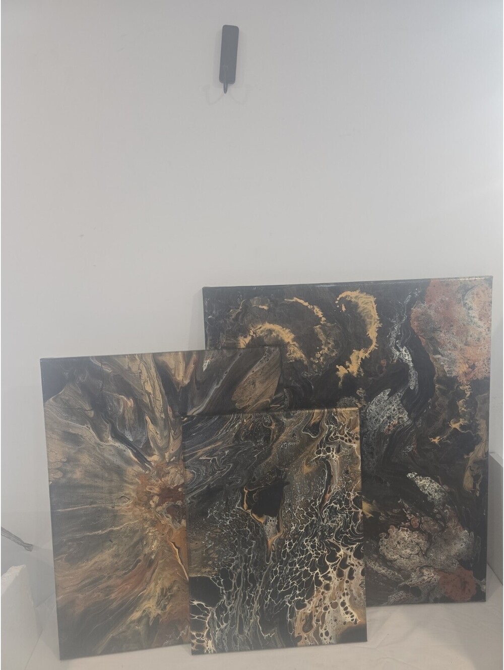 Set of 3 Abstract Canvas Wall Art Black Gold Brown Modern Pour Painting Decor